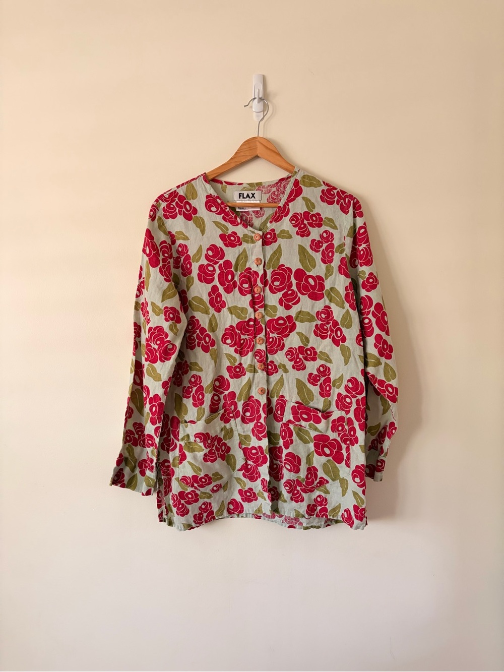 Flax Red Floral Button-Down Shirt with Olive Leaves